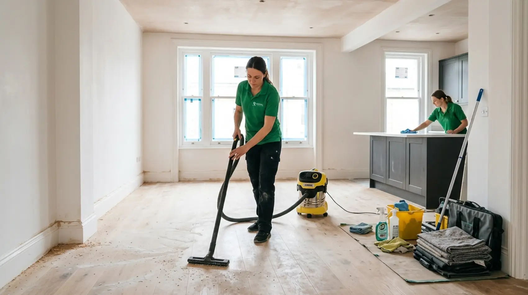 After builders cleaning team removing construction dust from a renovated London property